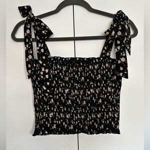 Lulus Floral Smocked Crop Top Black Tie Strap Size Medium